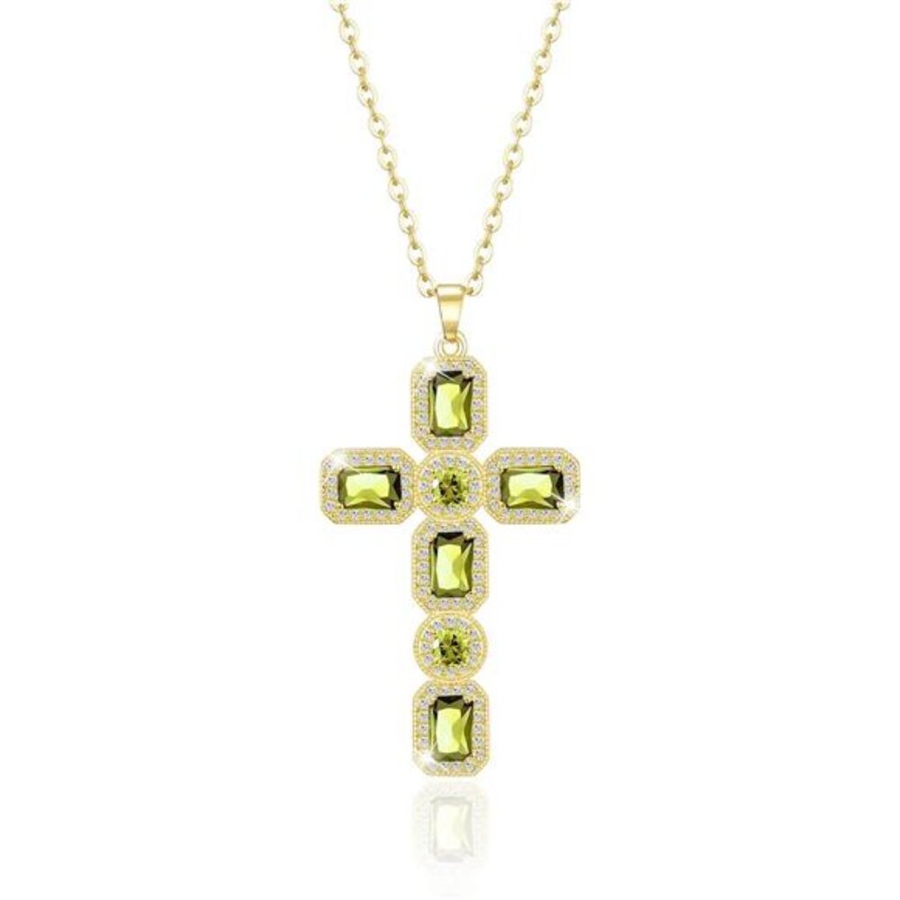 Cross Necklace Women Gold Charm Chain Moissanite Crystal August Birthstone